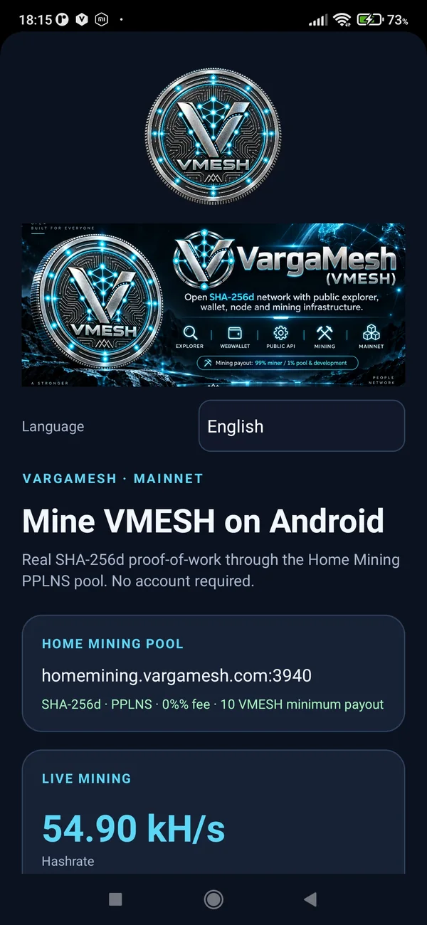 VargaMesh Mobile Miner dashboard on Android