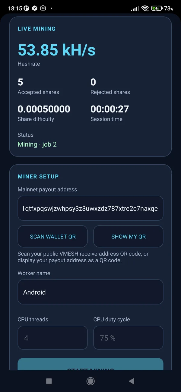 VargaMesh Mobile Miner live mining statistics